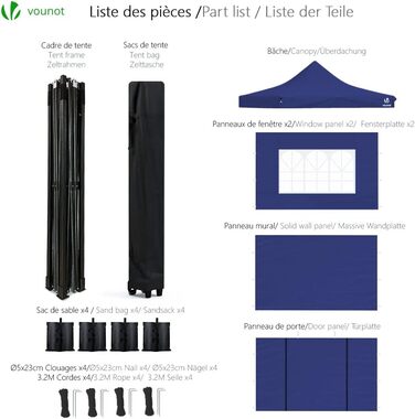 VOUNOT Gazebo 3x3m Waterproof, Stable, Winterproof, Pop-Up Folding Gazebo with 4 Side Walls and 4 Sandbags, Party Gazebo Folding Tent Party Tent, (Blue)