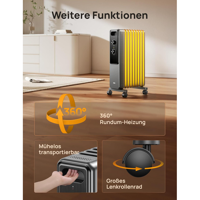 Електричний масляний радіатор Dreo з 9 ребрами, 2000W, тихий, з захистом від перегріву та перекидання, термостат, дитячий замок, енергозберігаючий