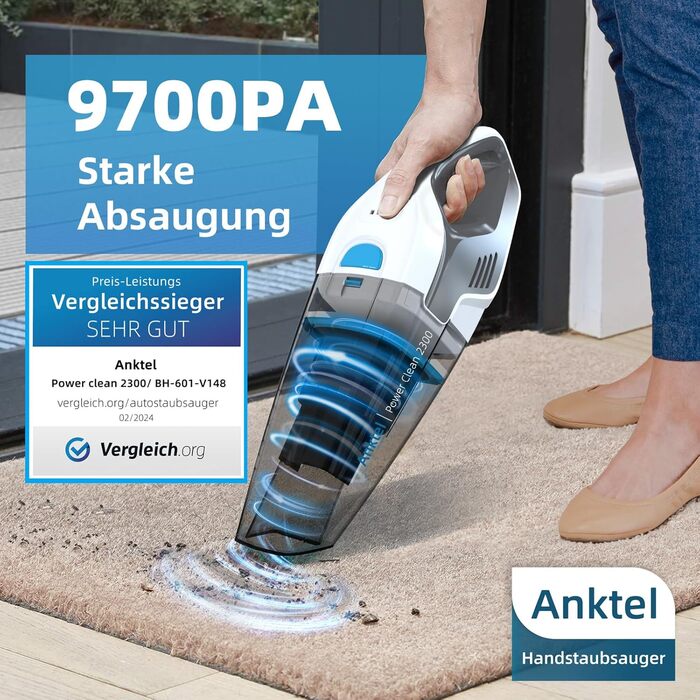 Бездротовий ручний пилосос Anktel PowerClean2300: 14,8V, 9700Pa, мокрий/сухий, HEPA-фільтр, без мішка, для дому та авто