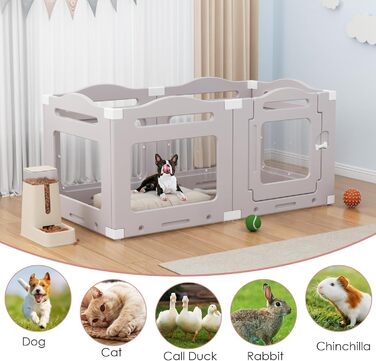 Клітка для цуценят з акрилу 60 см, 7 шт. + 1 вольєр для собак з дверцятами, без решіток, для дому, з присосками, прозора, теплий сірий (5+1)