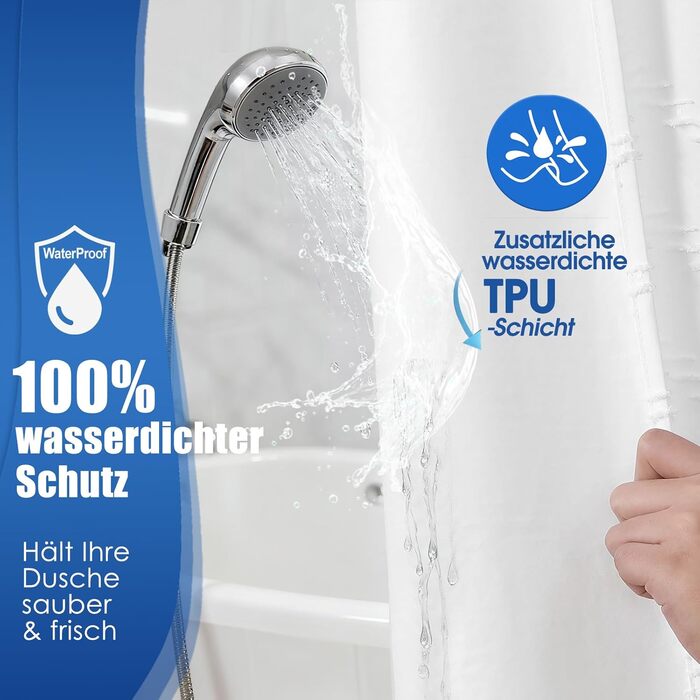 Водонепроникна штора для душу з тканини 180x190 см, 260 GSM, сіра (сітка-бохо-біла). Преміум-якість, антигрибкова, з 10 кільцями, стиль готелю/SPA, машинне прання