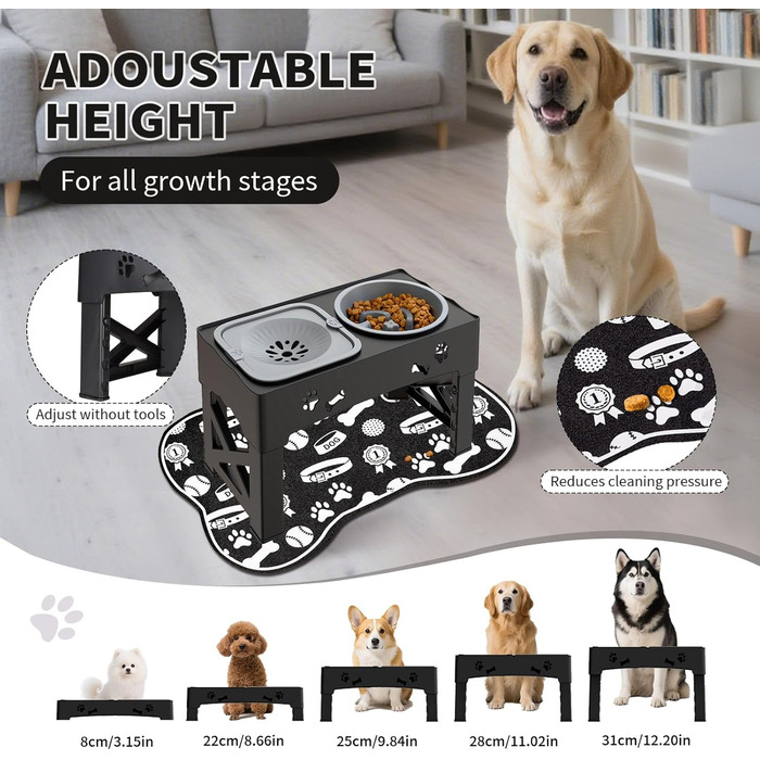 Набір мисок для собак і котів 3-в-1 з регулюванням висоти, антиковзною підстилкою та захистом від розливання (2x1000 мл)