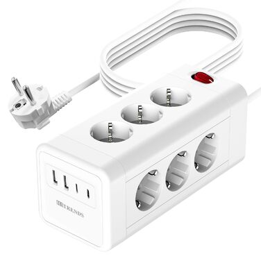 Блок розеток з USB-C, 4 розетки, плоский штекер, індивідуальне вмикання, куб з 2м плетеного кабелю для офісу, дому, подорожей - Білий 002-MF (12 розеток 2M - Білий)