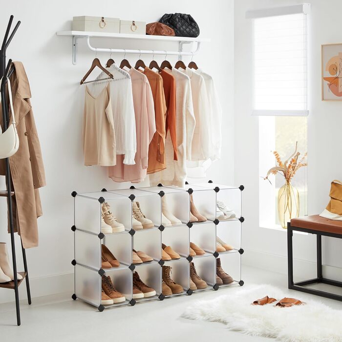 SONGMICS Shoe Rack, Shelving System, Plug-in Shelf, 15 Compartments, DIY Shelf, Stackable, Made of PP Plastic, as a Wardrobe, Room Divider, for Bedroom, Office, 30 x 111.2 x 86.2 cm, white LPC445W02