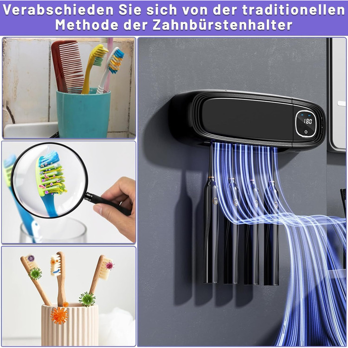 Стерилізатор зубних щіток UV Maxspace з підсвічуванням, настінний, 4 слоти, для ванної кімнати (білий/чорний)