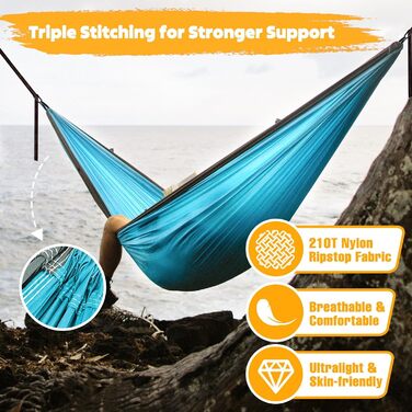 Гамак для кемпінгу NATUREFUN Ultraleicht | 300 кг, 275x140 см, дихаючий, швидковисихаючий, нейлон | 2 карабіни, 2 петлі | для дому, саду, відпочинку