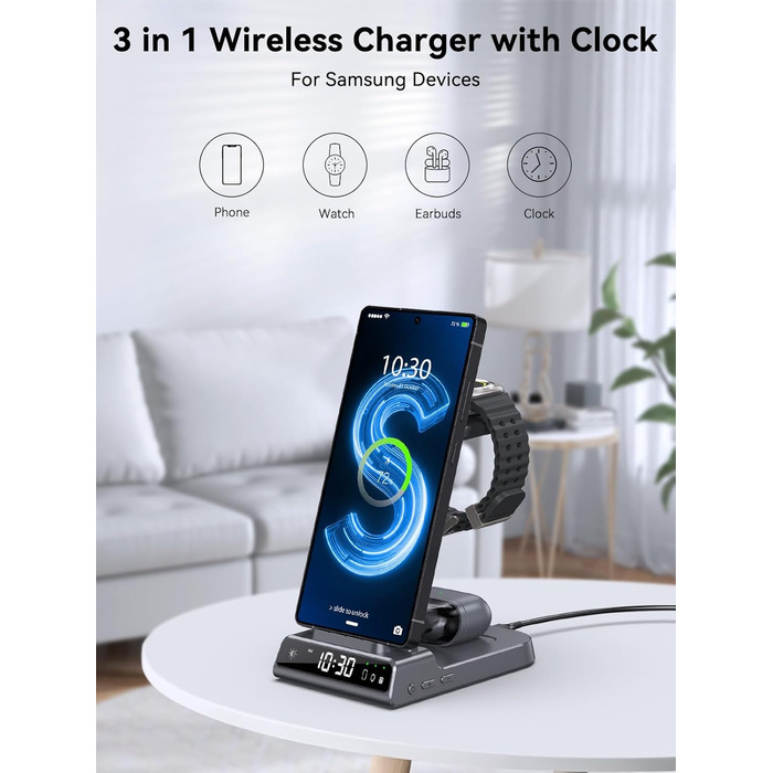 Бездротовий зарядний пристрій 3-в-1 для Samsung Galaxy S25 Ultra, Watch 8/7/Ultra, Buds, сірий колір