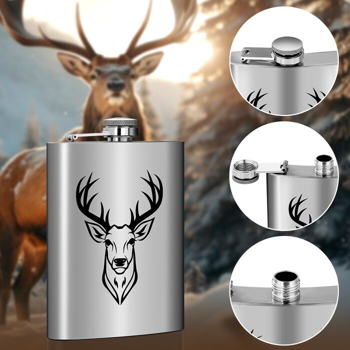Фляга туристична 237мл з нержавіючої сталі, з воронкою та листівкою, чорна, з візерунком голови оленя, для кемпінгу, піших прогулянок та активного відпочинку