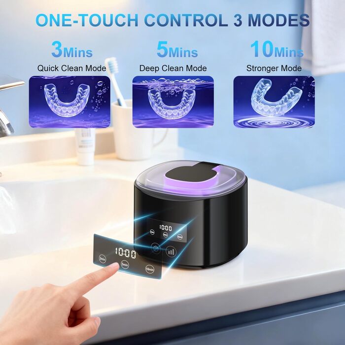 Ультразвукова очищувач 50 кГц, 230 мл, акумулятор 2000 mAh, з УФ-лампою, для зубних щіток, протезів, ювелірних виробів (чорний)