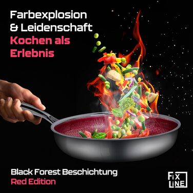 FIXLINE® Сковорода Black Forest 28 см - RED Design - антибактеріальне покриття без PTFE - для всіх типів плит (включно з індукцією) - можна використовувати в духовці до 250°C - легке очищення - ідеальна ідея для подарунка. Сковорода з антибактеріальним по