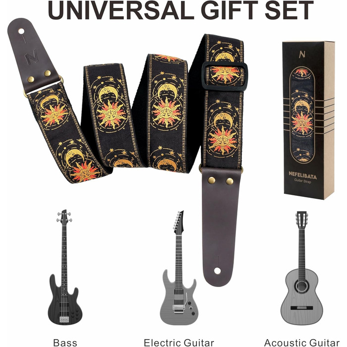 Гітарний ремінь Nefelibata Vintage з вишивкою, з шкіряними кінцями для бас-, електро- та акустичної гітари, з безкоштовною застібкою, 2 застібками та 4 медіаторами (Сонце та Місяць)