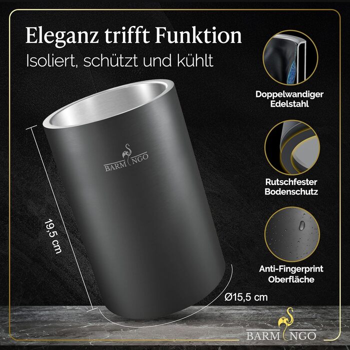 Охолоджувач для вина BARMINGO з нержавіючої сталі з 2 охолоджувальними акумуляторами – охолоджувач напоїв та охолоджувач пляшок для вина, шампанського, ігристого вина | Подвійний сектанкулер з охолоджувальними манжетами | Охолоджувач для винних пляшок | (