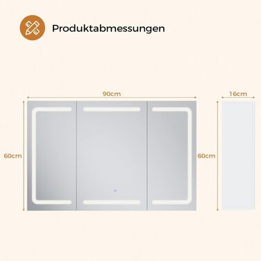 Дзеркало-шафка для ванної кімнати з LED-підсвічуванням, розеткою та 3 колірними температурами. Ванна шафка 60x90x16 см (ВxШxГ), з регулюванням яскравості + сенсорне керування. Біла дзеркальна шафка з 3 регульованими полицями та дзеркалом 60x90x16 см