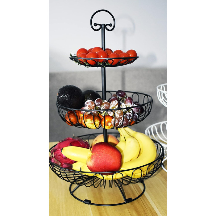 Металевий кошик для фруктів та овочів з ручкою для кухні/балкону, 3 яруси, великий, з нержавіючої сталі, з 360° циркуляцією повітря (чорний, 45 см висота, Ø30-24-16.5 см)