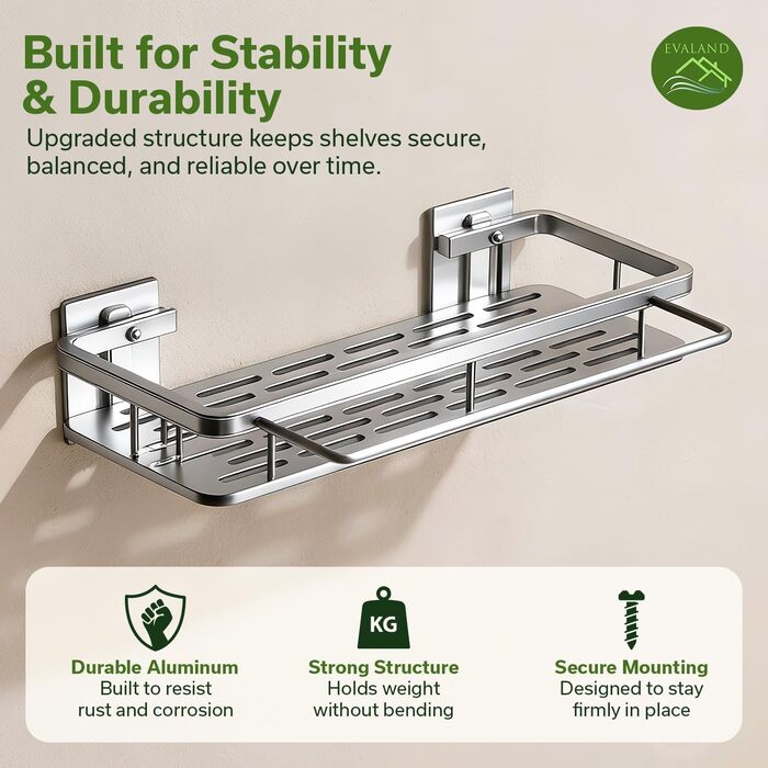 Полка для душу Evaland з алюмінію, 2 шт. з гачками та стійкою для рушників, без свердління, стійка до іржі, преміум-органайзер для ванної кімнати, кухні, сріблястого кольору