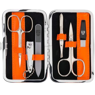 Набір для манікюру DREI SCHWERTER 'Genova' 6 предметів | Німецька якість | Чорне еко-шкіряне етикетування | У комплекті: ножиці для нігтів, ножиці для кутикули, кусачки, стеклянна пилка, пінцет, сапфірова пилка