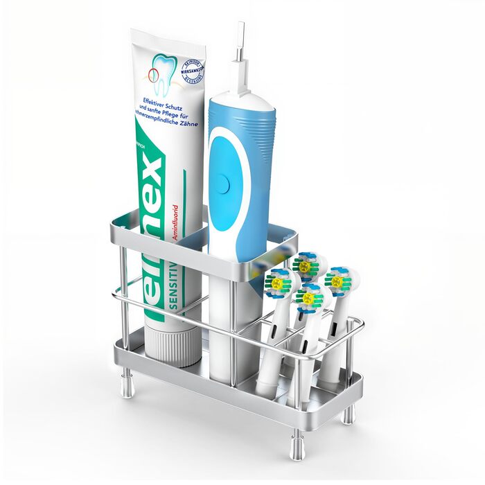 Тримач для зубних щіток Luxspire, нержавіюча сталь, електричний, настінний без свердління, з дренажними отворами для органайзера пасти, 6 відділень (матова срібляста)