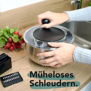 Салатниця-центрифуга з нержавіючої сталі (4,5л) + овочевий тертки з 5 лезами | Зручне віджимання салату завдяки неслизькому дну та ручним приводом