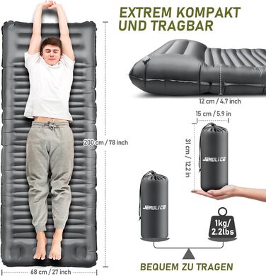 JEMULICE Self-Inflating Sleeping Pad - 12cm Thick, Compact Camping Air Mattress with Foot Pump & Pillow, Ultralight Waterproof for Hiking & Outdoor Use - Grey