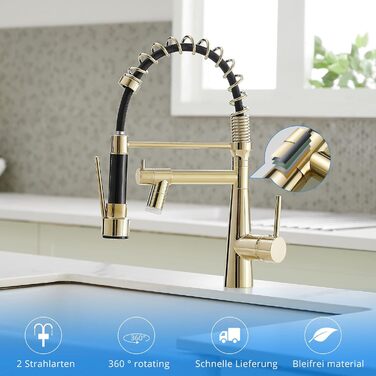 Змішувач кухонний LED Chrome з висувною лійкою, 360° поворот, 2 виходи, високий тиск (золотий)