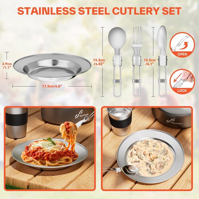 Набір посуду для кемпінгу на 2 особи: каструля, сковорода, чайник, тарілки, чашки, столові прибори (Löffel, Gabeln)