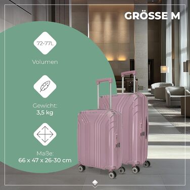 Валіза Travelite ELVAA Rosé 66 см (72-77 л) з розширюваним об'ємом, TSA-замком та захисними кутками. Набір валіз (L/M/S).