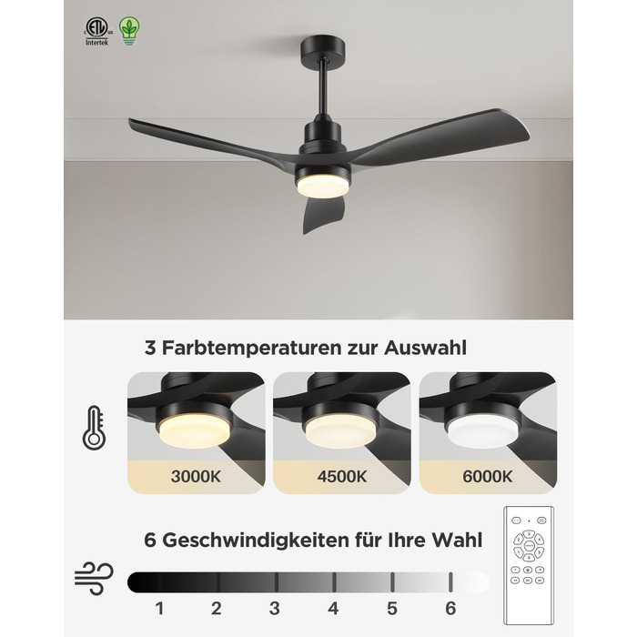 Стеляний вентилятор з підсвічуванням та пультом дистанційного керування, тихий DC двигун, 132 см/52 дюйми, 3 дерев'яних лопаті, таймер, 6 швидкостей, сертифікований ETL, режим літо/зима для спальні (132 см/52 дюйми, Чорний)