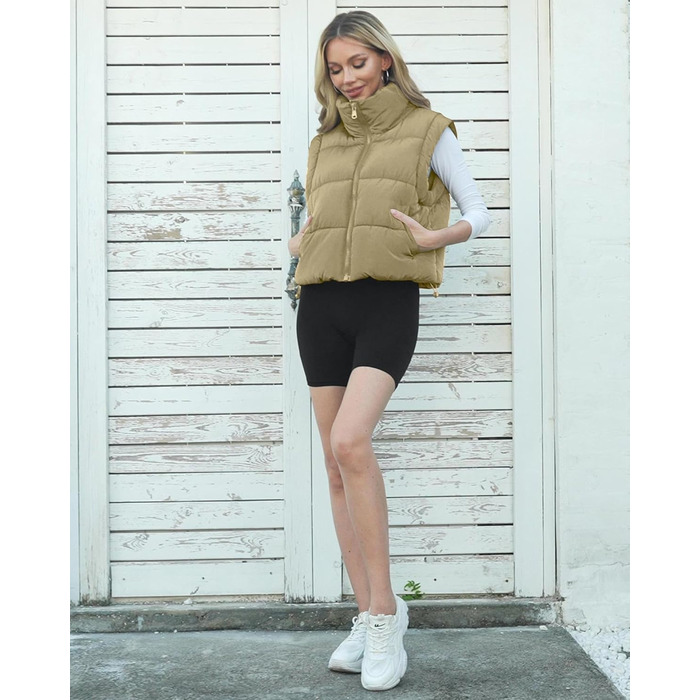 Жіноча укорочена пухова жилетка Polu, хакі, з коміром-стійкою, утеплена, легка, базова (S)