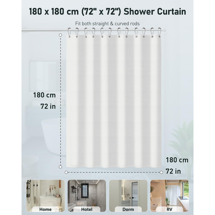 Шторка для душу Uniclife Біла, 180x180 см, вафельна текстура, водовідштовхувальна, 100% поліестер, з 12 нержавіючими люверсами, з 12 металевими гачками та обтяженим краєм, H183 x B183 см (1 шт.)