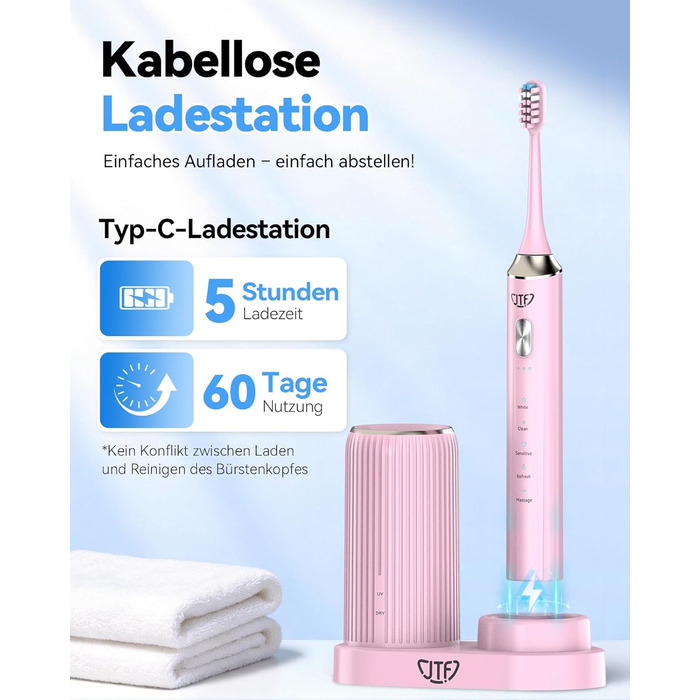 Електрична звукова зубна щітка JTF з УФ-дезінфекцією та сушінням, бездротова зарядка, 5 режимів чищення, 6 насадок, стаканчик, акумуляторна для дому та подорожей (Рожева)