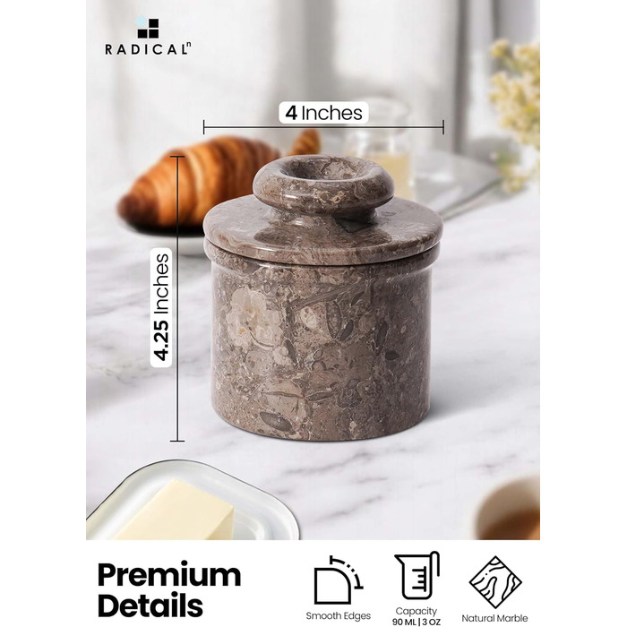 Butterhalter handcrafted marble butter crock for the kitchen - as a utensil holder and for cold cheese, Grey Oceanic