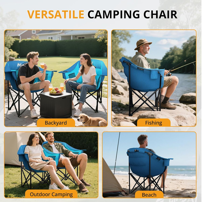 Кемпінговий стілець складаний посилений (200 кг) з подушкою 6 см - для риболовлі, кемпінгу, саду, фестивалів. Зручний стілець з бічними кишенями та сумкою для транспортування (Синьо-блакитний, M)