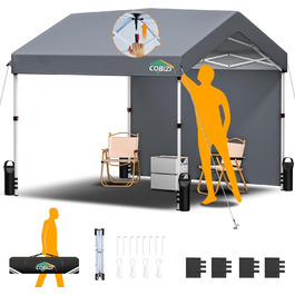 COBIZI Pavilion - Folding Pavilion - Waterproof, Stable, 275 cm Party Tent, UV Protection 50+, Folding Pavilion with Waffle Pattern for Camping, Beach, Family Gatherings (White) (Gray, 3x3m with 1 Side Walls)