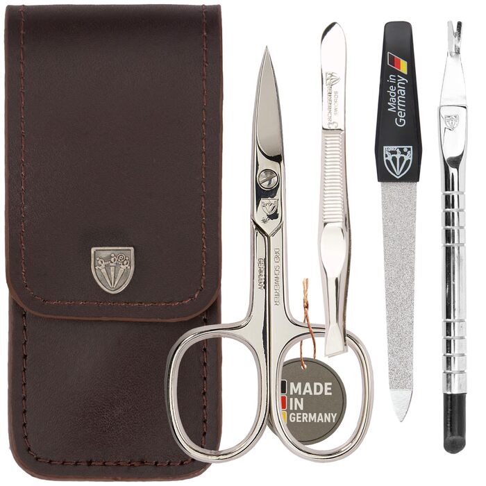 Набір для манікюру та педикюру 'Modena' від DREI SCHWERTER | 4 предмети в шкіряному футлярі, Німеччина. Вміст: ножиці для нігтів, пінцет, напільник з сапфіру, ремувер для кутикули (колір: коричневий)
