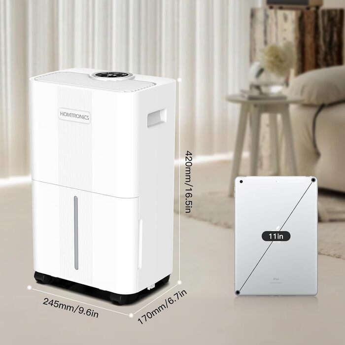 Електричний осушувач повітря Homtronics з гофрованим шлангом 1м, інтел. контроль вологості, 3 режими, таймер 24г, для підвалу, ванної, спальні