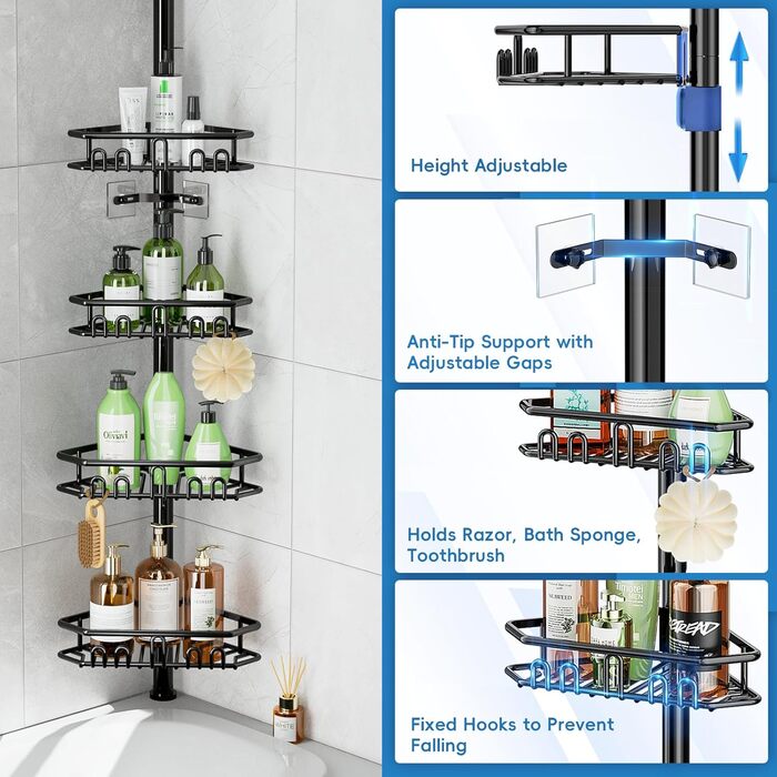 Bomclap Telescopic Shower Shelf, Metal Telescopic Rod Corner Shower Shelf with 4 Baskets, Telescopic Shelf Bathroom Shower Rack without Drilling for Bathtub and Bathroom, Height Adjustable 157-290cm, Black