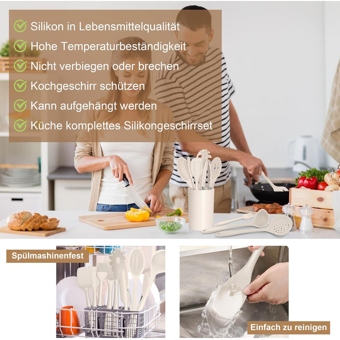 Набір кухонних аксесуарів Joyfair, 15 предметів, силікон, кухонне приладдя, стійке до нагріву, антипригарне, для посуду, з підставкою, придатне для миття в посудомийній машині (Хакі)