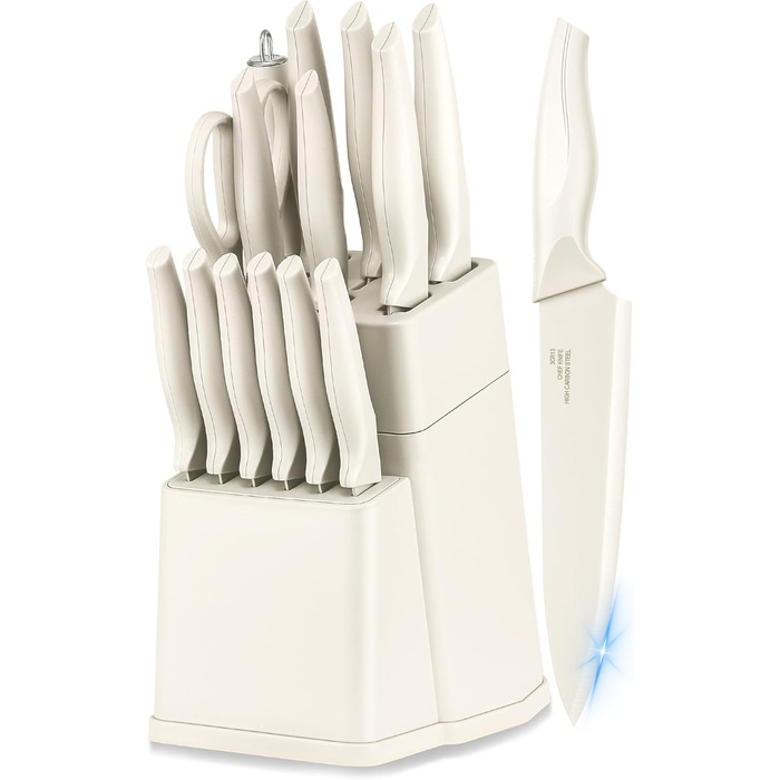 Набір ножів Joyfair 15 предметів з підставкою, з високоякісної вуглецевої сталі, з точильним каменем, для кухні, з кухонним ножем, ножем для хліба, ножицями, для нарізання та подрібнення (білий)