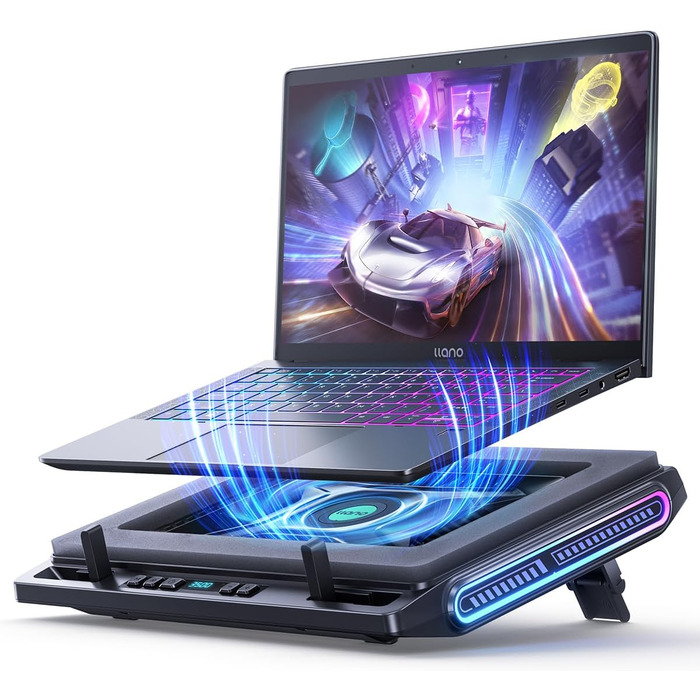 Підставка охолодження для ноутбука RGB з потужним вентилятором 4.72'', швидке охолодження для комп'ютерів 13-17,3'', керування клавішами, 3 регульовані підставки, 4-портовий USB C&A, чорний
