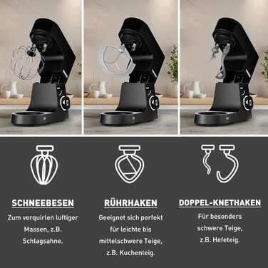 Кухонна машина Heinrichs 2500W з подвійним гаком для тіста, міксером та вінчиком, 8 швидкостей, чаша 8L з нержавіючої сталі, чорна