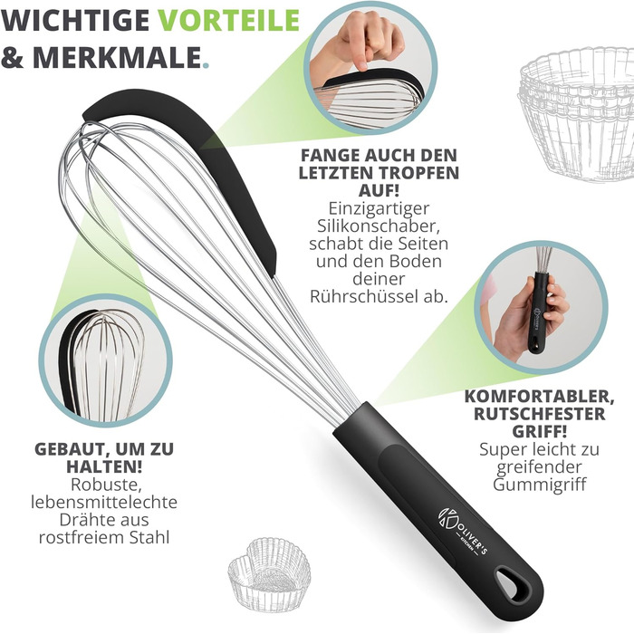 Віскер Oliver's Kitchen® з нержавіючої сталі з інтегрованим силіконовим скребком - ідеальний для випічки та приготування їжі. Спіральний віскер, зручна ручка, легко миється.