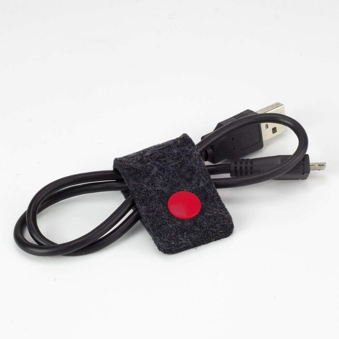 Wool felt bag for electronics accessories, anthracite color, red button