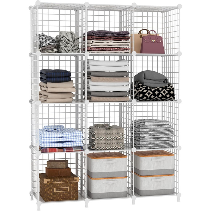 AWTATOS Regal 12 Regal Wire Cube Stackable Shelf Cube DIY Metal Grid Shelf Cube Bookshelf Cube Shelf With Doors For Living Room, Bedroom, Bathroom USCIH12BE (Large, White)