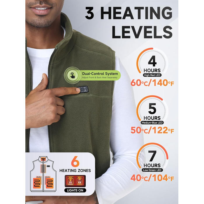 Обогріваючий жилет для чоловіків з акумулятором 10000mAh, 6 зон нагріву, USB, мікрофліс, регулювання температури, чорний (M)