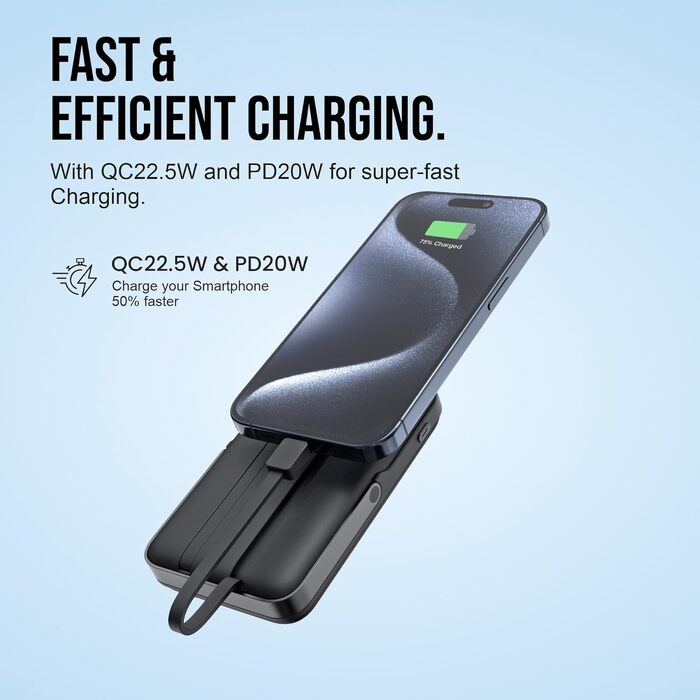 Універсальний Power Bank All-IN-ONE 10000 mAh чорний: швидка зарядка 22.5W, PD 20W, бездротова зарядка 15W, зарядний пристрій для Apple Watch, вбудовані кабелі USB-C та Lightning, LED-дисплей, алюмінієва підставка