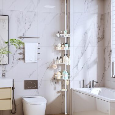 Поличка для душу SWTYMIKI телескопічна, кутова, з мильничкою та тримачем для зубних щіток, 4 гачки, регульована, не потребує свердління, нержавіюча сталь, 70-275 см, білий