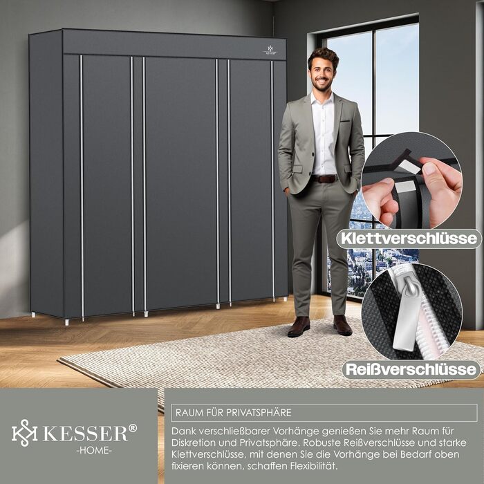 KESSER® Wardrobe Fabric Closet, Stable with Clothes Rail & Shelves, Incl. 5x Clothes Hangers, Fabric Folding Closet for Bedroom, Dressing Room Wardrobe with Clothes Rack 150x45x175cm Anthracite