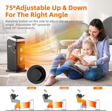 OMISOON Heater 2000W, ECO energy-saving, PTC thermostat heating with 90° oscillation, 24h timer, wind setting, multiple protection, remote control, 4 modes, for home, bedroom, office