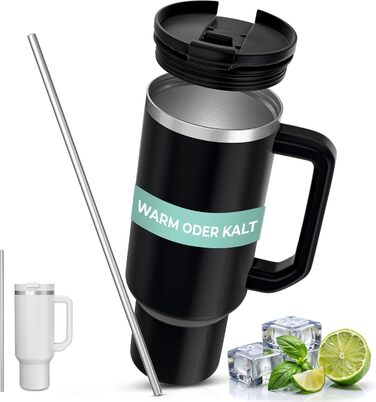 Personalized Insulated Tumbler - 40oz with Engraving - Custom Name or Logo, Leak-Proof, BPA-Free, with Lid & Straw - White (Black Accent)