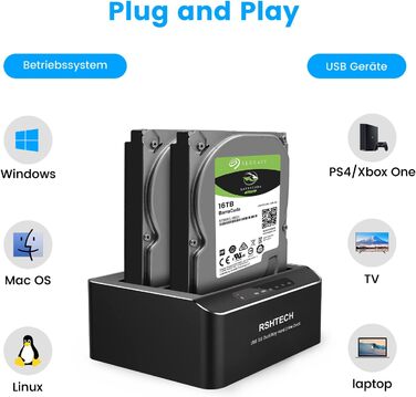 Док-станція для жорстких дисків RSHTECH з двома відсіками, USB 3.0, алюміній, підтримка 2.5/3.5